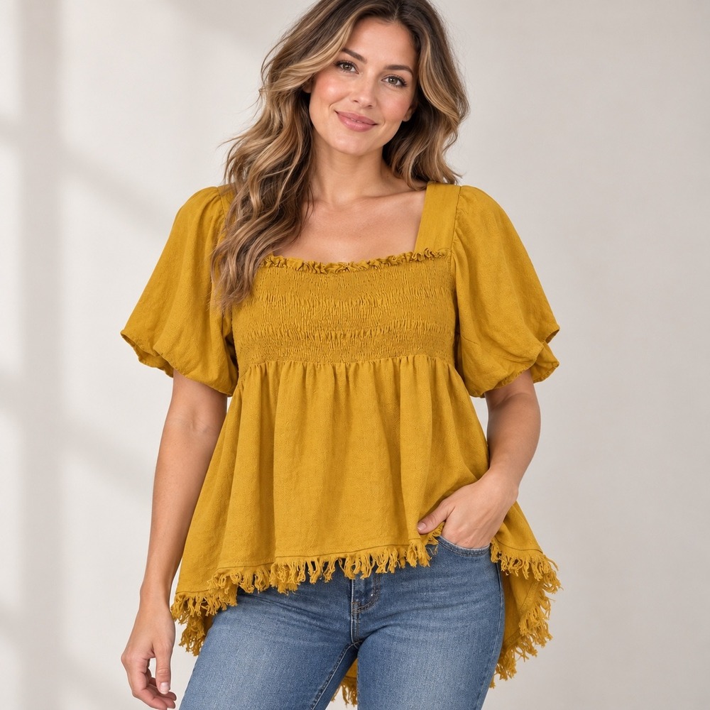 Umgee USA Mustard Yellow Ruffle Hem V-Neck Tunic Top Short Sleeve Womens Large